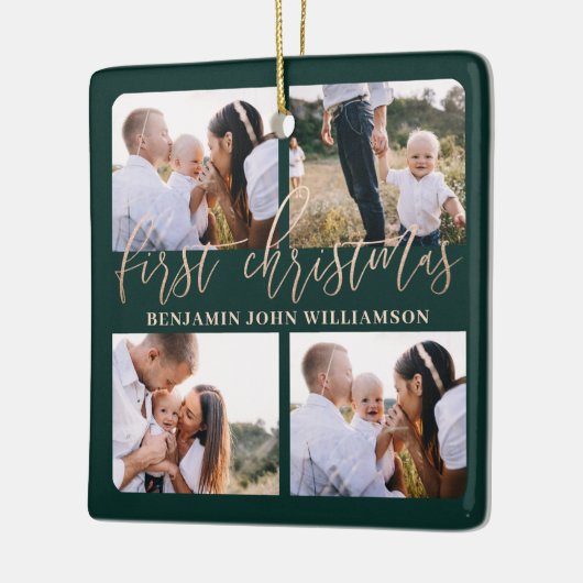 Baby First Christmas Green Gold Script Four Foto Keramikornament (Links)