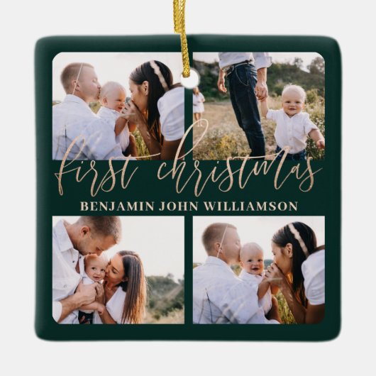 Baby First Christmas Green Gold Script Four Foto Keramikornament (Vorderseite)
