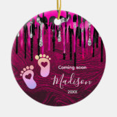 Baby First Christmas Hot Pink Black Glitzer Tropfe Keramik Ornament (Vorne)