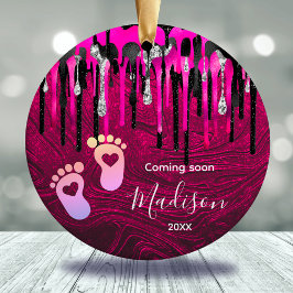 Baby First Christmas Hot Pink Black Glitzer Tropfe Keramik Ornament