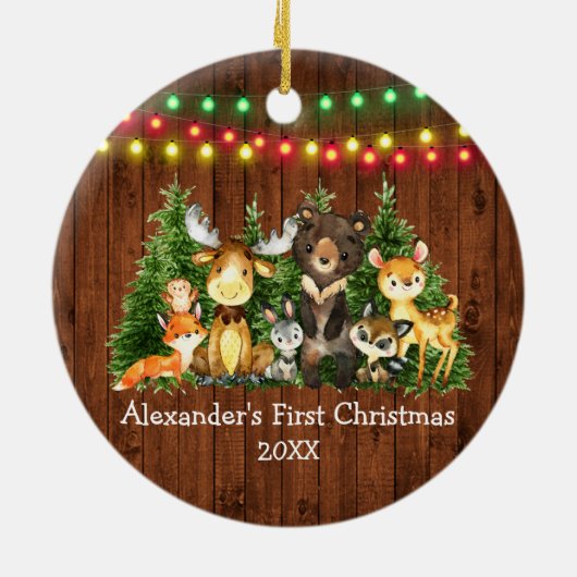 Baby First Christmas Lights Forest Animes Rustikal Keramik Ornament (Hinten)