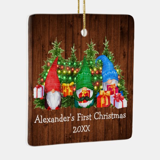 Baby First Christmas Lights Gnomes Rustic Square Keramikornament (Rechts)