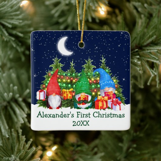 Baby First Christmas Lights Watercolor Gnomes Sky Keramikornament (Baum)