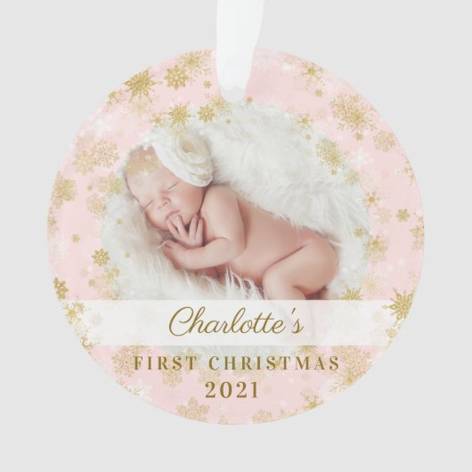 Baby First Christmas Magic Gold Snowflakes Foto Ornament (Vorderseite)