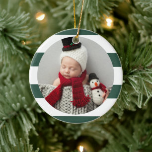 Baby First Christmas Modernes Green Strips Foto Keramik Ornament