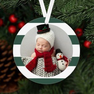 Baby First Christmas Modernes Green Strips Foto Ornament