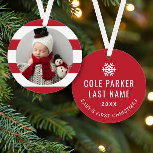 Baby First Christmas Modernes Red Stripes Foto Ornament