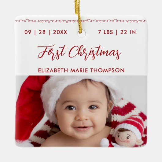 Baby First Christmas Name Birth Stats Calligraphy Keramikornament (Vorderseite)