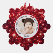 Baby First Christmas Name Foto Red Ornament Karte (Vorderseite)