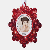 Baby First Christmas Name Foto Red Ornament Karte (Linke Ecke)