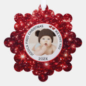 Baby First Christmas Name Foto Red Ornament Karte (Rückseite)