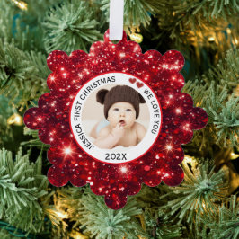 Baby First Christmas Name Foto Red Ornament Karte