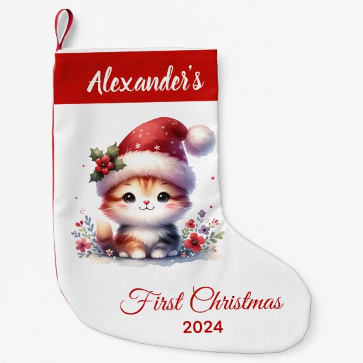 Baby First Christmas niedlich Cat personalisiert Kleiner Weihnachtsstrumpf (Vorderseite)