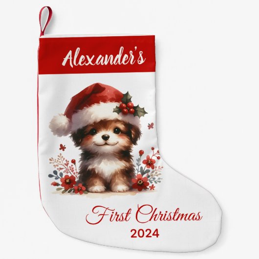 Baby First Christmas niedlich Hund personalisiert Kleiner Weihnachtsstrumpf (Vorderseite)