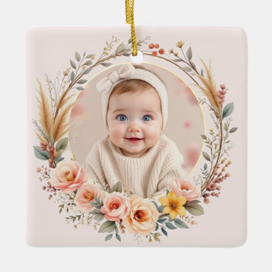 Baby First Christmas Pampas Grass Wildblume Boho Keramikornament (Vorderseite)