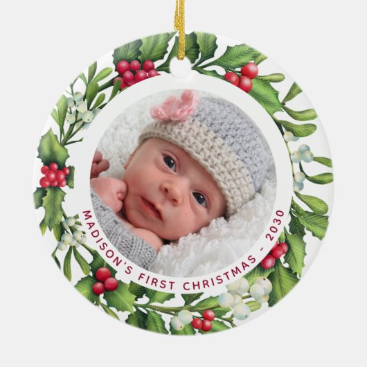 Baby First Christmas Personalize 2 Foto Mistletoe Keramik Ornament (Hinten)