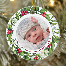 Baby First Christmas Personalize 2 Foto Mistletoe Keramik Ornament