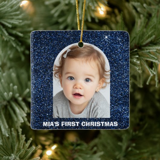 Baby First Christmas Photo Blue Glitter Ornament (Baum)