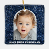 Baby First Christmas Photo Blue Glitter Ornament (Vorderseite)