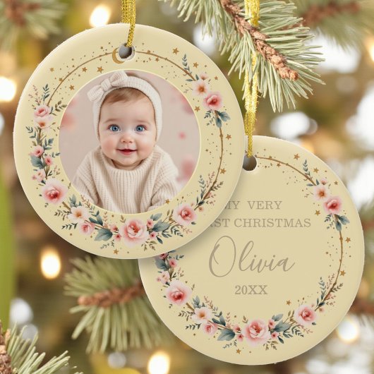 Baby First Christmas Photo Gold Celestial Stars Keramik Ornament