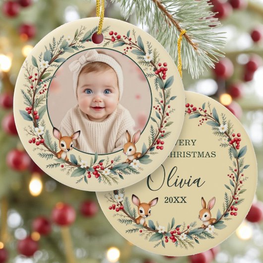 Baby First Christmas Photo Woodland Gold Keramik Ornament