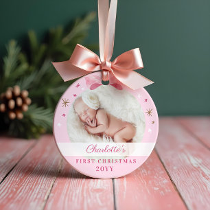 Baby First Christmas Pink Bow & Stars Ornament