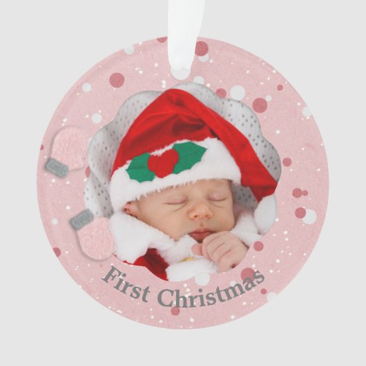 Baby First Christmas Pink Mittens Foto Ornament (Vorderseite)