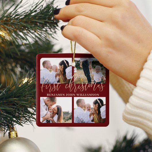 Baby First Christmas Red Gold Script Vier Foto Keramikornament