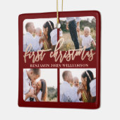 Baby First Christmas Red Gold Script Vier Foto Keramikornament (Links)