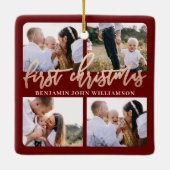 Baby First Christmas Red Gold Script Vier Foto Keramikornament (Rückseite)
