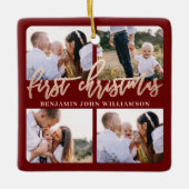 Baby First Christmas Red Gold Script Vier Foto Keramikornament (Vorderseite)