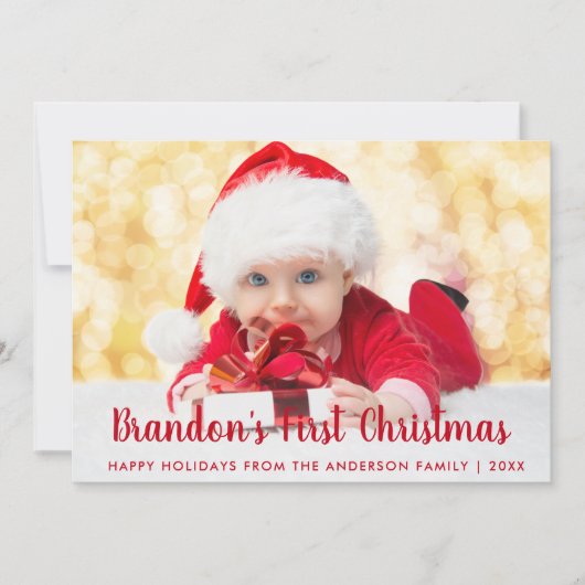 Baby First Christmas Red Script Foto Card Einladung (Vorderseite)