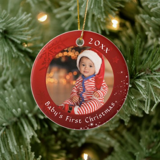 Baby First Christmas Red Snowflake Stars 2 Fotos Keramik Ornament (Baum)