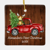 Baby First Christmas Red Truck Elche FOTO BACK Keramikornament (Vorderseite)