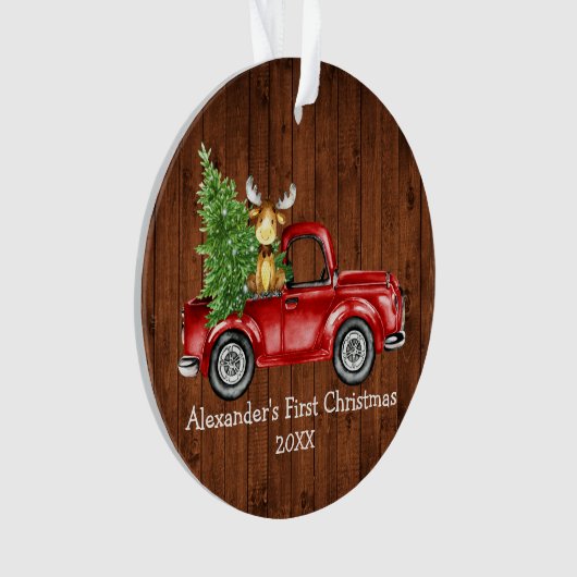 Baby First Christmas Red Truck Elche FOTO BACK Ornament (Vorderseite)