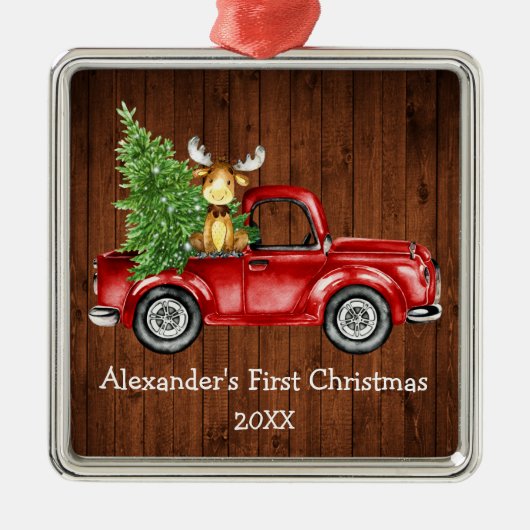 Baby First Christmas Red Truck Elche Rustikal Ornament Aus Metall (Vorne)