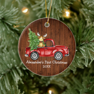 Baby First Christmas Red Truck Elche Rustikale Run Keramik Ornament