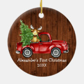 Baby First Christmas Red Truck Elche Rustikale Run Keramik Ornament (Hinten)