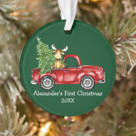 Baby First Christmas Red Truck Moose Green Ornament (Baum)