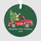 Baby First Christmas Red Truck Moose Green Ornament (Rückseite)