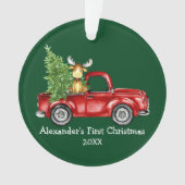Baby First Christmas Red Truck Moose Green Ornament (Vorderseite)