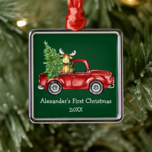 Baby First Christmas Red Truck Moose Green Ornament Aus Metall (Baum)