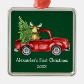 Baby First Christmas Red Truck Moose Green Ornament Aus Metall (Vorne)