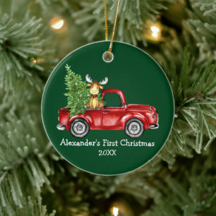 Baby First Christmas Red Truck Moose Green Round Keramik Ornament