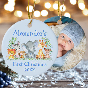 Baby First Christmas Safari Tiere Blue FOTO Keramik Ornament