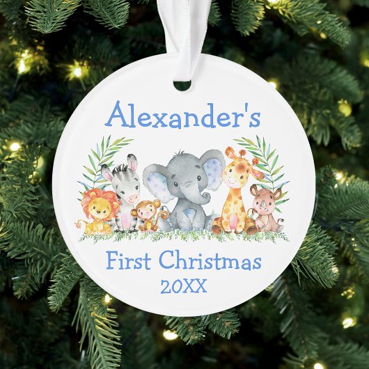 Baby First Christmas Safari Tiere Blue Round Ornament