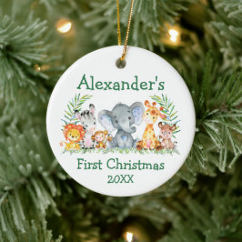 Baby First Christmas Safari Tiere Grüne Runde Keramik Ornament