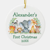 Baby First Christmas Safari Tiere Grüne Runde Keramik Ornament (Vorne)