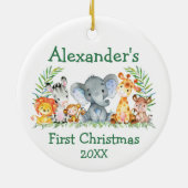 Baby First Christmas Safari Tiere Grüne Runde Keramik Ornament (Hinten)