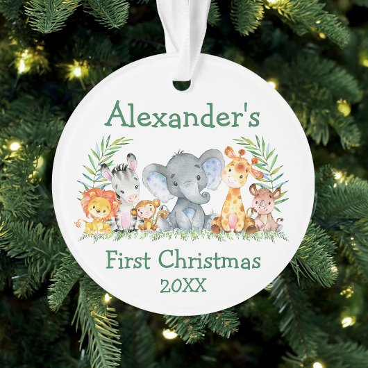 Baby First Christmas Safari Tiere Grüne Runde Ornament